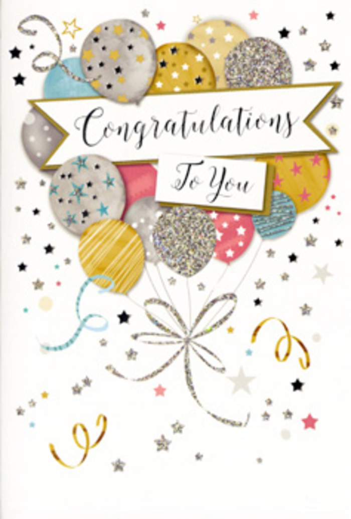 The card shown here captures the spirit of a polished celebration, much like stepping into a cosy Sipson home decorated for a surprise party after hearing wonderful news. At the focal point is a generous spray of illustrated balloons that rise together from the bottom of the design, forming a full, rounded cluster. The balloons are shaded in a coordinated blend of gold, silver, champagne, rosy blush, soft sky blue, and muted grey, each with a subtle metallic lustre that suggests light brushing across their surfaces. Every balloon is given its own decorative treatment: some are brushed with tidy horizontal lines, others wear scattered stars, and a few glimmer with dense glitter-like patterning, conjuring the sensation of textured card and sparkling ink beneath your fingertips. Elegant, fine ribbons in gold and silver extend from each balloon, curling downward in fluid lines that echo the graceful fall of ribbon around a hand-tied bouquet. Around the main cluster, delicate star shapes, swirling streamers, and confetti dots drift freely across a pale, gentle background, captured mid-air like festive remnants after a toast in one of the local pubs. A beautifully illustrated banner sweeps across the middle, bordered with a soft metallic edge and carrying the word 'Congratulations' in refined, calligraphic lettering that feels both proud and affectionate. The card's overall ambiance is uplifting and composed-neither too loud nor too understated-making it versatile for a wide range of occasions: exam results, promotions, anniversaries of achievements, or any moment worth pausing to honour. It appears as though it was chosen with particular care, just as a florist in Sipson would select the right finishing details for a meaningful flower delivery.