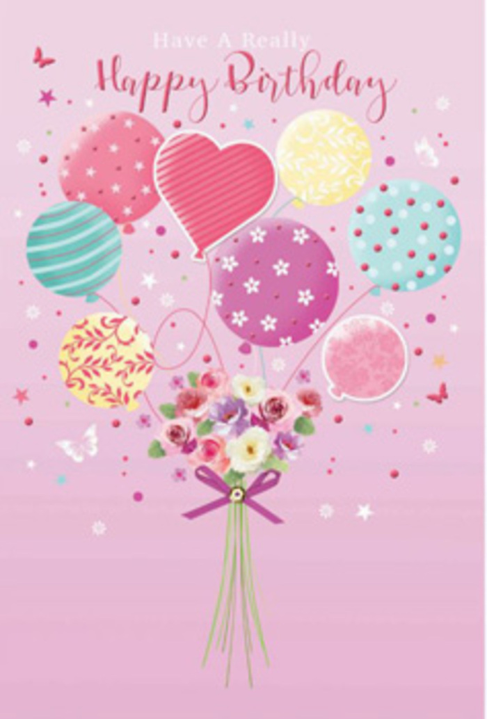 In this whimsical birthday illustration, the scene opens on a blush-pink background that feels as comforting as a familiar gathering spot in Sipson. Above, a loose cluster of pastel balloons floats gently upward, their strings invisible so they appear almost dreamlike. Each balloon has been carefully detailed with its own character: some swirl with candy-like stripes, others are dotted with cheerful polka dots, and a few show delicate floral prints and curling patterns that mimic the playful decorations of a village celebration. Their colours-pale rose, soft lemon, mint green, lavender, and light aqua-are shaded with a subtle gradient, giving each balloon a softly rounded, almost touchable look. A single heart-shaped balloon sits among them, quietly becoming the emotional centre of the design and suggesting love for the birthday recipient. Anchoring the balloons is a hand-tied bouquet, cleverly illustrated as if it is being carried aloft. The flowers include petite roses and daisy-like blossoms in tones of creamy white, blush pink, and dusty mauve, with fine detailing that hints at velvety, layered petals. Sprigs of gentle green foliage weave between the blooms, adding texture and a sense of freshly gathered stems, the sort of bouquet you might imagine prepared in a small, friendly Sipson flower shop. At the base, the stems are gathered together and finished with a sparkling purple bow, rendered to look like satin catching the light. Around the bouquet and balloons, tiny stars and dainty butterflies hover, giving a touch of fairy-tale magic, as if the scene were unfolding in a quiet garden corner beside a Sipson cottage. The overall lighting is soft and warm, casting delicate highlights and shadows that bring life and dimension to the illustration while maintaining an atmosphere of light-hearted celebration.