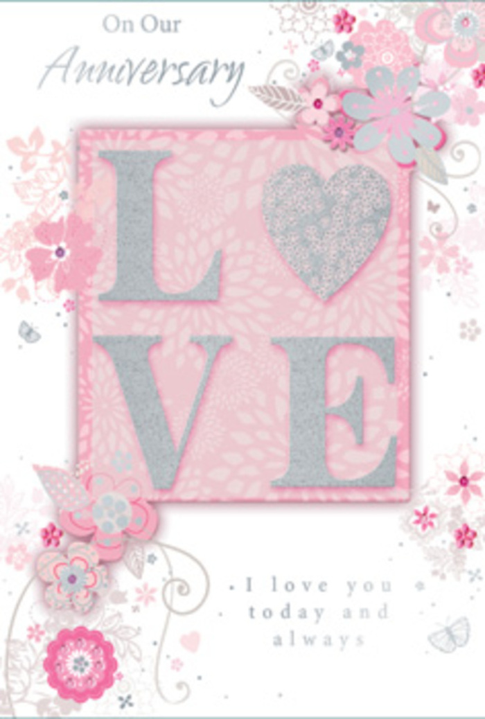 This anniversary card, when opened, evokes the feeling of stepping into a tranquil, sun-warmed space in Sipson where love is cherished in quiet, daily gestures. The central motif is the word "LOVE," printed in an elegant, frosted glitter finish that appears both luminous and softly textured. Each letter rises gently from the blush-pink centre panel, inviting fingertips to trace the contours and notice the subtle sparkle, like light brushing over delicate petals in a vase on a kitchen table. Surrounding this central word, wispy, hand-drawn blossoms float along the card's borders, their stems and petals curving with a relaxed, organic rhythm. The colours are tender shades of pink, lilac, and creamy ivory, blended with careful shading that gives the flowers a soft, almost watercolour-like presence. Between the blooms twine fine flourishes: filigree lines, dainty leaves, and a scattering of almost-hidden butterflies that suggest shy, fluttering emotions and the quiet excitement of another year together. The background is a pale pink wash that stays light and airy, allowing every detail in the flowers and filigree to remain clear. Near the centre and lower half of the card, an understated message such as "I love you today and always" appears in graceful, easy-to-read script, the lettering balanced so it feels intimate rather than formal. The overall effect is like a paper version of a hand-tied bouquet you might collect from a trusted Sipson florist-romantic, thoughtfully arranged, and designed to convey lasting devotion with gentle sincerity.