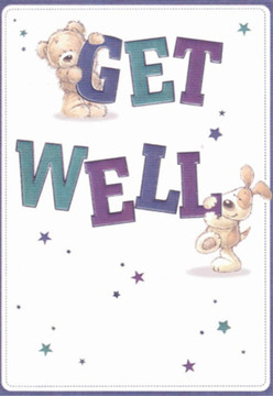 This charming get well card delivers instant comfort, evoking the sense of friendliness and warmth so familiar to Sipson. At the top, a cuddly teddy clings lovingly to the word 'GET', while below, a playful puppy nuzzles the bold 'WELL', their joyful figures echoing the delight of receiving freshly cut flowers from a trusted local florist. The bears' and puppy's expressive faces, gentle outlines, and soft fur seem to embody affection and hope. Deep purples and teals in the headline catch the eye, enlivening the composition, while little starbursts scattered across the white background add subtle glimmers of possibility-much like new blooms brightening a Sipson cottage windowsill. The overall effect is one of nurturing care and optimism, with every brushstroke as intentional as the creative hands behind each bouquet at Sipson Florist. It's a scene that comforts and uplifts, tailor-made for bringing light and solace to any home throughout Sipson.