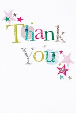 This thank you card positively glows with jubilant colour and a charming, handmade design, much like the vibrant bouquets found at local Sipson events. The words 'Thank You' sweep across pristine white, each letter stitched from a lively patchwork-lime green, fuchsia, and blue-brightened with subtle polka dots and the glint of silver glitter. Stars in shades of magenta, teal, and pale gold cluster in the corners, conjuring the sensation of confetti swirling in the air after a birthday at Sipson Community Centre. The printing's gentle texture invites a closer look, reminiscent of touching petals fresh from a morning delivery. Imbued with festivity and thoughtfulness, the composition echoes the creativity and warmth that characterise Sipson Florist. One can almost see this card tucked beside a vibrant bouquet, ready to bring reassurance and genuine thanks-an elegant reflection of our close-knit village, intended to spark delight in everyone it reaches.