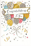 This congratulations card has the gentle sparkle and layered detail of a thoughtfully arranged celebration, the kind you might host in a garden or living room in Sipson to mark a special success. The central artwork is a generous bundle of illustrated balloons that seem to lift upward from the lower third of the card, overlapping in a natural, organic cluster. Their colours are soothing yet festive: soft metallic gold and silver, warm champagne, subtle blush pink, airy sky blue, and cool grey, all given depth with delicate shading. Each balloon is uniquely adorned-some carry crisp stripes, others a scattering of tiny stars, and several shimmer with dense, glitter-like textures that hint at a slightly raised finish when imagined under your fingertips. Fine ribbons in gold and silver extend from each balloon, curving and looping downwards, loosely converging like the tied ends of a celebratory bouquet. Surrounding them, a light constellation of small stars, swirling ribbons, and confetti specks floats against a pale, understated background, suggesting motion and the comfortable chaos of shared joy. Across the middle of the design, a softly curved banner drapes itself over the balloons, bearing a flowing 'Congratulations To You' message in elegant script that feels sincere and warm. The entire composition is balanced, polished, and quietly joyful, ideal for recognising exams, job promotions, or personal milestones. It looks like the kind of card a local florist near Sipson would slip into a bouquet ordered to brighten someone's day, adding words of praise to the visual celebration carried in the flowers.