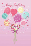 This illustrated birthday greeting captures the feeling of a light, happy celebration drifting over the peaceful streets of Sipson. Set against a soft pink background, a cluster of pastel balloons rises gently, as if lifted by a warm breeze from a nearby back garden. Each balloon carries a unique decorative pattern-ribbons spiralling around the surface, playful polka dots scattered like confetti, small floral motifs, and relaxed swirling lines-all rendered in tender shades of rose, mint, lemon yellow, lilac, and sky blue. At the centre of the arrangement, a heart-shaped balloon glows in deeper pink, quietly expressing affection and warmth. Tethered beneath this airy cluster is a dainty hand-tied bouquet, illustrated as if the flowers are being carried upward by the balloons. The bouquet is composed of small roses and anemone-like flowers, their petals drawn in layers of creamy ivory, blush, and muted mauve that suggest velvety softness and freshness. Touches of pale green foliage peek through, adding natural contrast and the sense of a freshly picked garden posy. The stems are neatly gathered and finished with a violet satin bow, the ribbon's folds catching the light so it appears gently shimmering, like something carefully tied in a local Sipson florist's workshop before a special birthday delivery. Around the main composition float tiny starbursts and delicate butterflies, adding a whimsical, almost magical quality, as if the scene were part of a cherished birthday memory. Soft, even lighting creates subtle highlights on the rounded balloons and the curved flower petals, giving the illustration a warm, dimensional feel while preserving its dreamy, celebratory mood.