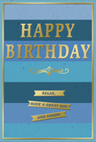 This refined birthday card features a tranquil blend of blue shades and gleaming gold details, creating a mood that is both relaxed and celebratory, like a quiet birthday tea at home in Sipson. The card's main field is divided into wide, horizontal stripes that gradually transition from a deep, inky navy along the bottom, through softer mid-tone blues, to delicate sky and teal hues at the top. The resulting ombré effect feels smooth and calming, as though the colors are gently drifting into one another. Centered against this layered blue background, the phrase "HAPPY BIRTHDAY" is embossed in large, gold capital letters, subtly arched that gives the composition a sense of lift and joy. The metallic finish is soft and polished, allowing the letters to catch and reflect light in a way that adds depth without appearing overly bright. Just beneath the main greeting, an elegant golden flourish runs horizontally, its fine, looping lines suggesting classic design and careful craftsmanship. Below this, three narrow gold banners are arranged neatly in a vertical stack, each ribbon carrying a simple, heartfelt directive: "Relax," "have a great day," and "enjoy!" Together, they create a soothing, friendly message that feels personal and sincere. A thin gold border frames the card, providing a crisp edge and completing the design. It's easy to picture this card placed beside a fresh arrangement of birthday flowers on a windowsill in Sipson, the gold accents catching the natural light while the layered blues lend a sense of peaceful celebration and thoughtful good wishes.